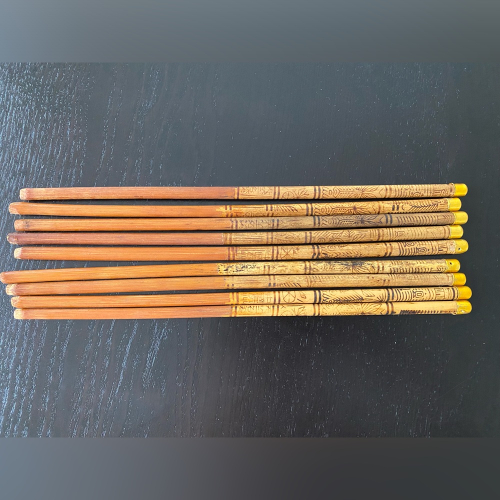 9 Antique Bamboo Chopsticks, Hand Carved and Machine Made